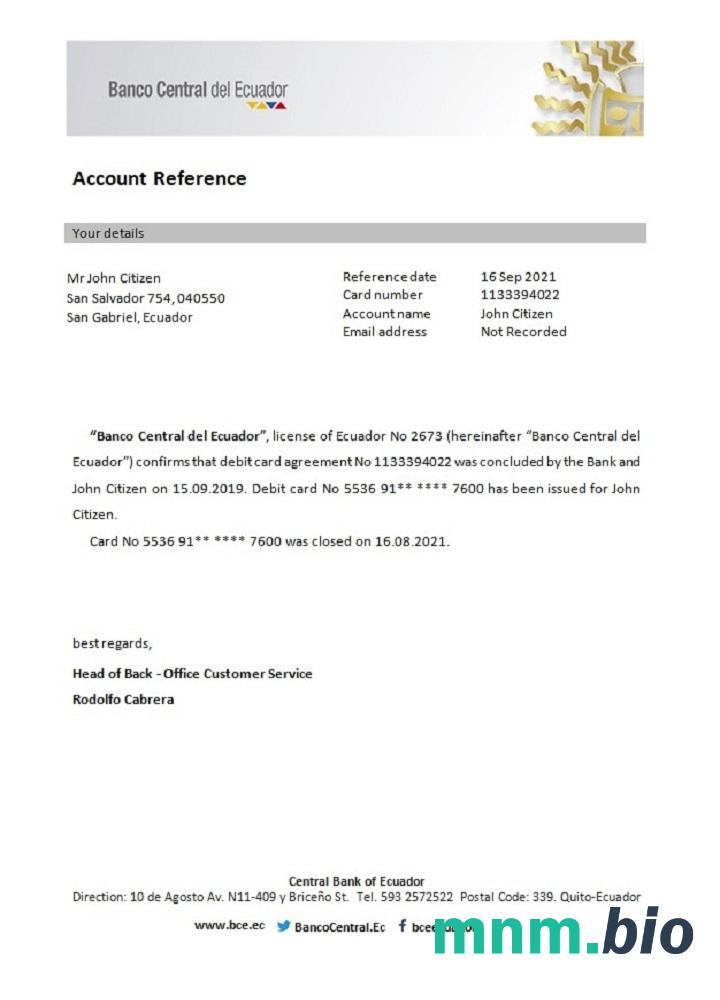Przykład odniesienia do zamknięcia Banku Centralnego Ekwadoru w formatach Word i PDF